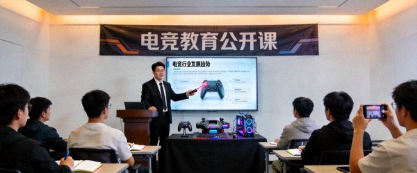 电竞教育公开课现场，讲师正在讲解电竞行业知识