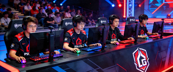 PSG.LGD战队DOTA2分部五名选手比赛现场照片